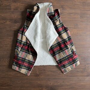Maurices Plaid Sherpa-Lined Vest in Red, Tan & Cream